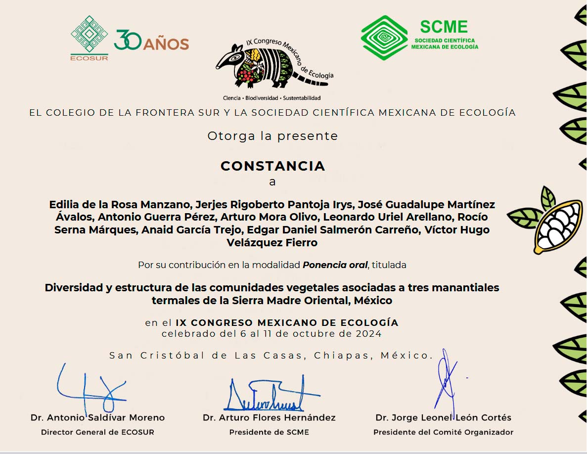 Constancia de asistencia a IX Congreso Mexicano de Ecología