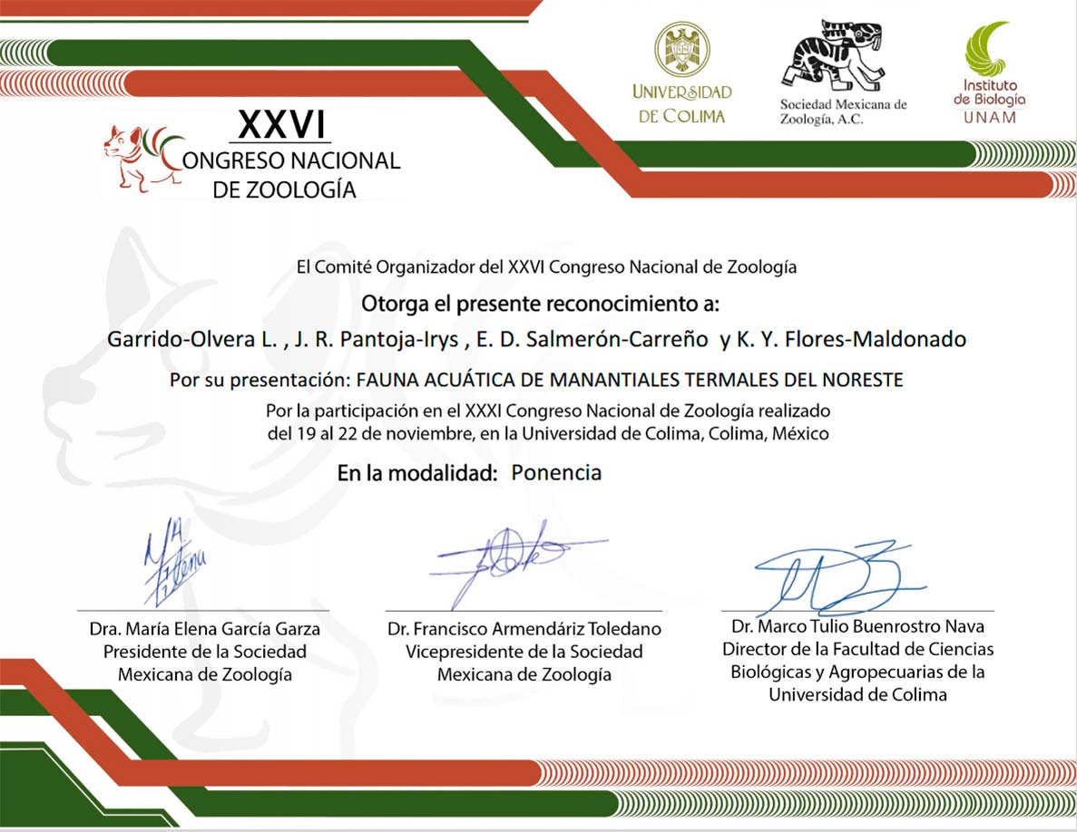 Reconocimiento XXVI Congreso Nacional de Zoología