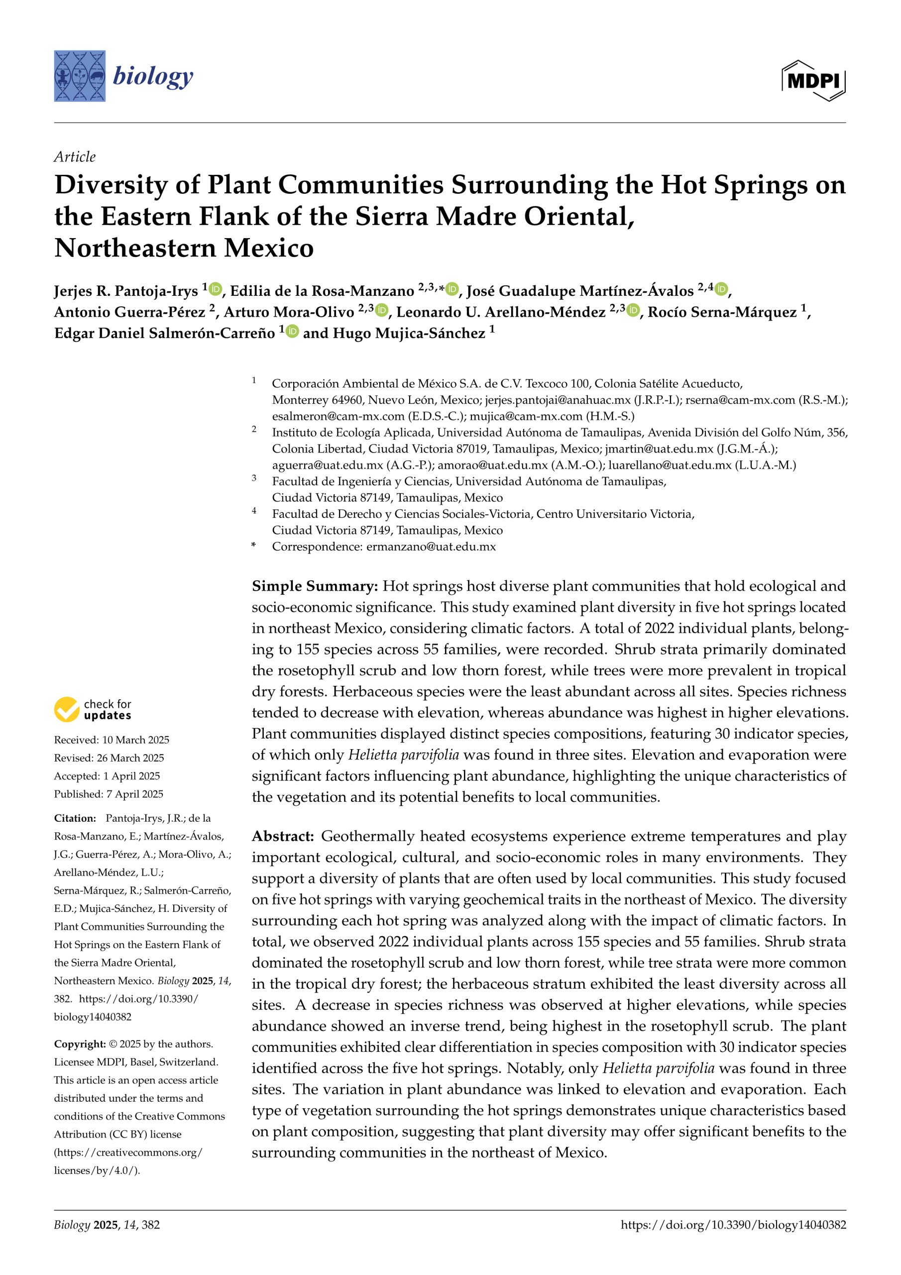 Diversity of Plant Communities Surrounding the Hot Springs on the Eastern Flank of the Sierra Madre Oriental, Northeastern Mexico