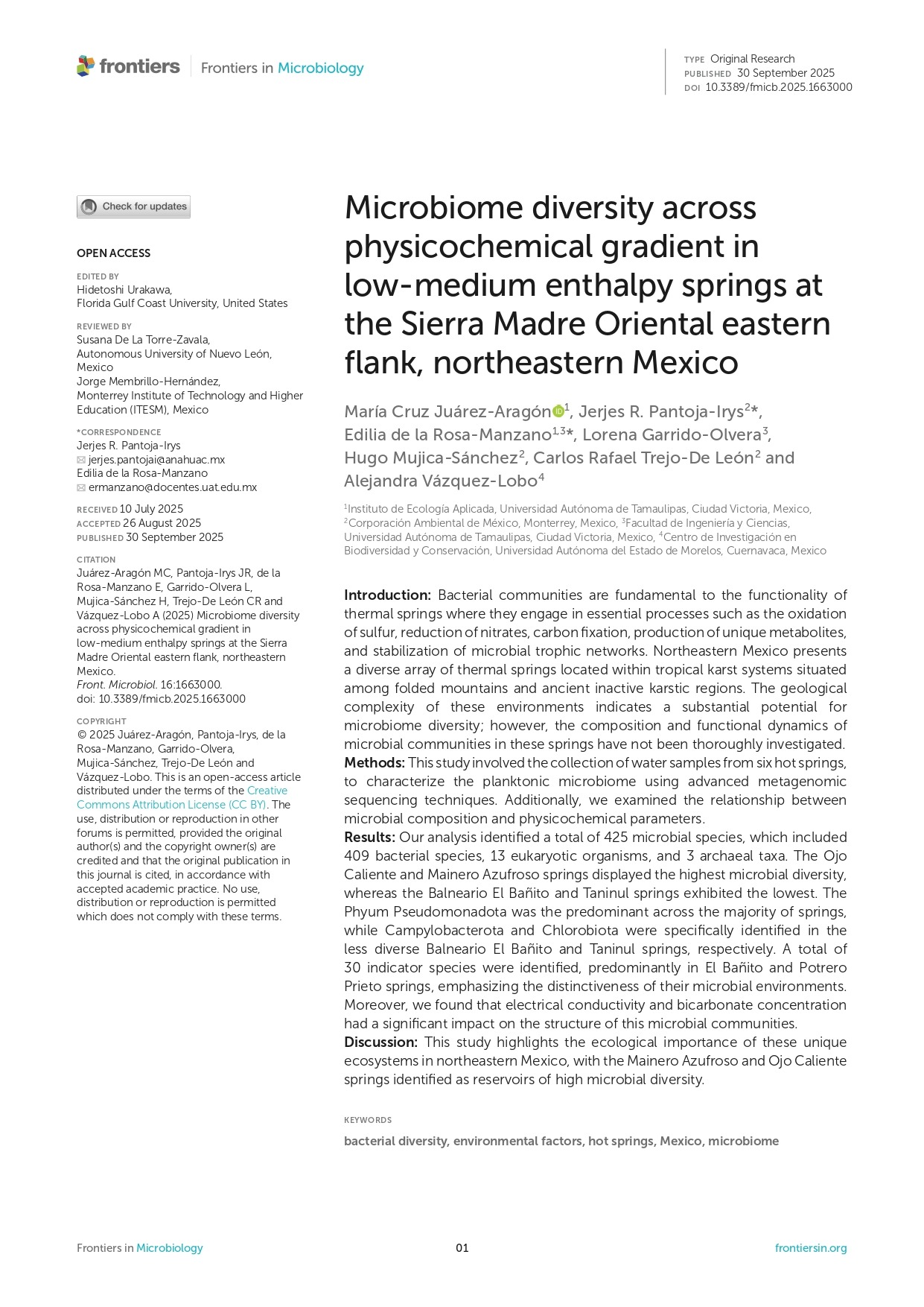 Microbiome diversity across physicochemical gradient in low-medium enthalpy springs at the Sierra Madre