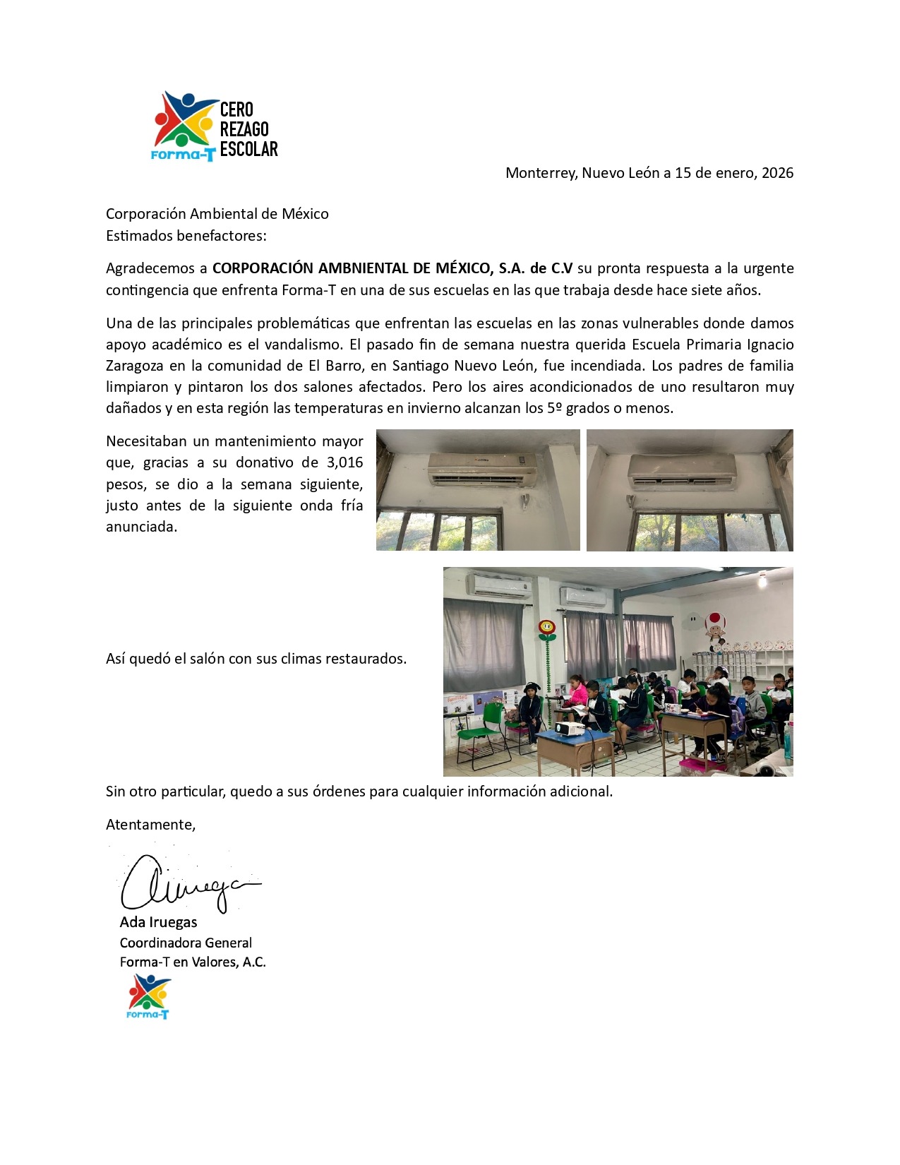 Carta de agradecimiento 15 de enero 2026